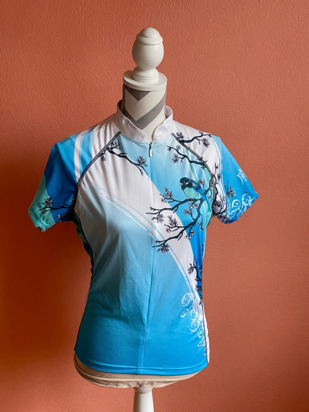 Women's Blue Floral Bird Short-Sleeve Cycling Jersey